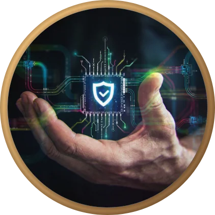 Hand holding a glowing network security chip
