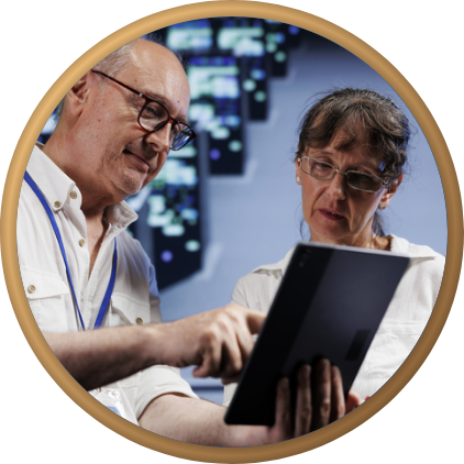 Hydrasat technician reviewing network hardware with a client on a tablet