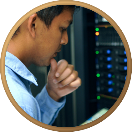 Network engineer checking equipment in a server rack