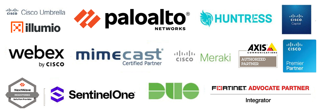 Hydrasat technology partner logos: Cisco Umbrella, Illumio, Palo Alto Networks, Huntress, Cisco Capital, Webex, Mimecast, Cisco Meraki, Axis, Cisco Premier Partner, Palo Alto NextWave, SentinelOne, Duo and Fortinet