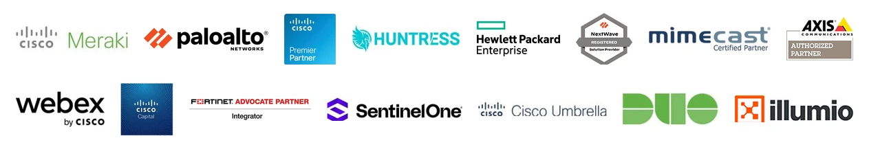 Hydrasat technology partner logos: Cisco Meraki, Palo Alto Networks, Cisco Premier Partner, Huntress, Hewlett Packard Enterprise, Palo Alto NextWave, Mimecast, Axis, Webex, Cisco Capital, Fortinet, SentinelOne, Cisco Umbrella, Duo and Illumio